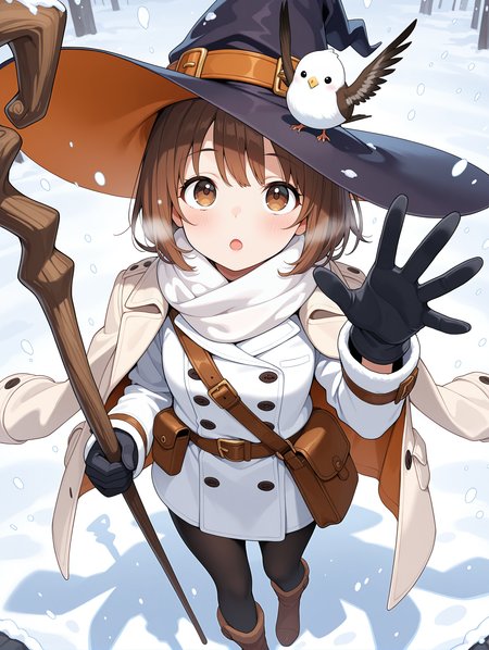 1girl, bag, bird on hat, black gloves, blush, brown eyes, brown hair, coat, coat on shoulders, gloves, witch hat, holding, holding staff, jacket, long sleeves, looking at viewer, open mouth, pouch, scarf, short hair, solo, staff, white jacket, white scarf,
from above, snowing, looking up, open hand, hand up, 
,masterpiece,best quality,amazing quality,
