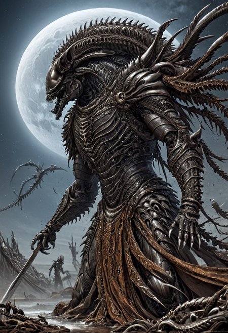A fantastical image of a silver Xenomorph knight, clad in flowing, flowing robes, wielding an ornate, ornate blade. they wield the sword in a fluid, dynamic motion. The moon's reflection highlights their magical power, solo, wide angle, art by hr giger, Rusted, rusted landscape,
