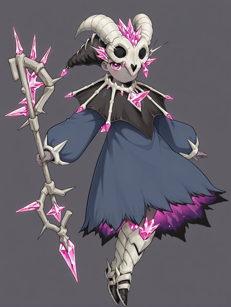 mementotlan mace, solo, 1girl, pink crystal, looking at viewer, grey background, closed mouth, white knee boots, simple background, floating, full body, grey skin, blue dress, animal skull mask, black capelet, staff, holding staff, one eye covered,
masterpiece,best quality,amazing quality,very aesthetic,absurdres,newest,<lora:Mementotlan Angwitch & Mace illusXL v1.1:0.75>,