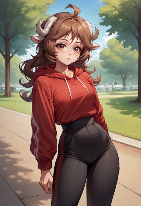 score_9, score_8_up, source_anime, 1girl, solo, Eyjafjalla, curled horns, ahoge, outdoors, park, red hoodie, high-waist pants, yoga pants, black pants, light blush, <lora:ChamPonyXLEyjafjalla:1>
