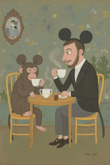 dorislee1 painting. 
A small monkey and a man wearing Mickey Mouse ears, sitting at a table drinking tea,  <lora:dorislee1_cap_d6a3:1.0><lora:834818574632833749:0>