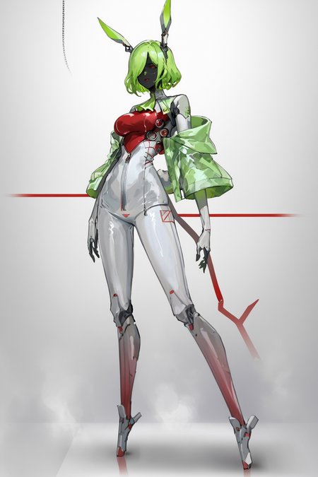 score_9, score_8_up, score_7_up, score_6_up, score_5_up, score_4_up, BREAK, source_anime, solo, 1girl, rating_safe, ((mature female)), ((long green flowing hair)), mechanical parts, (big backwards folded mechanical rabbit ears), mature female, (bunny ears), (animal ears), subdermal port, ((milf, mature female, big breasts)), hexagon lines in skin, naval uniform overcoat, naval uniform, white military uniform, dress_uniform, ribbons, ((red eyes)), bunny tail, rabbit tail, aiguillette, ((green hair)), ascot, ((Low angle view Distance shot)), latex pilot suit, shoulder cutout, bunny rabbit Tail, ((hair over one eye, )), digitigrade, clawed feet, minimal clothes, ((metal skin, shiny skin, vampire aesthetic, digital eyes, filled eyes, monochromatic eyes, glowing eyes, colored sclera, red sclera, mechanical eyes, partially shaded face, )), <lora:ECHANIS:1>, <lora:bodysuit_pony_V1.0:1> bodysuit, unzipping,unzipped