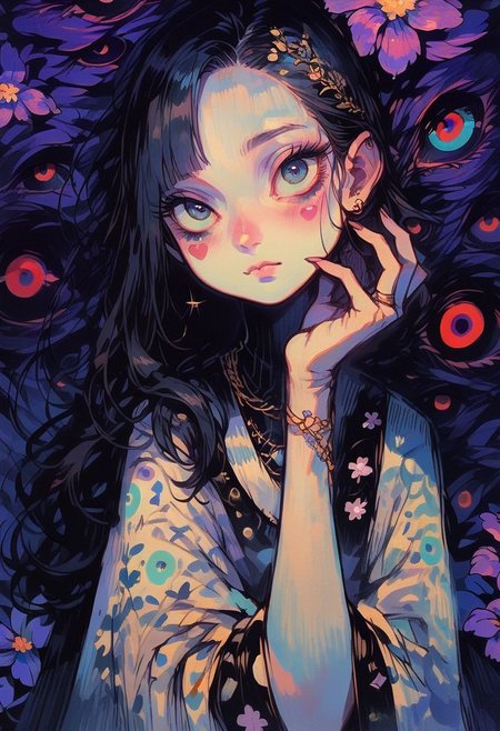 score_9, score_8_up, score_7_up, score_6_up, 1girl, solo, cr33pp41nt, f3nn3r, jewelry, sending a kiss to camera, sending kiss, rosy cheeks, elegant makeup, love, purple flower, flowers instead of eyes, detailed background of a purple moon, long hair, asymmetrical bangs, white long hair, fair skin,