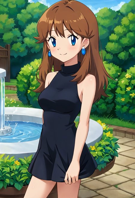 score_9, score_8_up, masterpiece, best quality, uncensored, correct anatomy, detailed background, anime_source, 1girl, solo, alone, perfect eyes, perfect arms, perfect legs, perfect face, outdoors, medium breasts,  bare shoulders, field and forest,
gurin, blue eyes, brown hair, long hair, bangs, sidelocks, black dress, short dress, upper body, (blue earrings, round earrings),
standing, blush, smile, arms at side, garden, water fountain