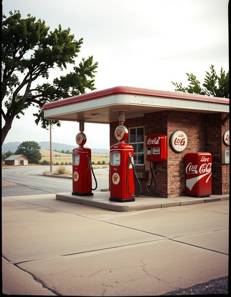 A realistic vintage photograph of a 1950s American gas station with no people present. The small brick building has a flat roof with a wide canopy extending over two classic red gas pumps from the 1950s, featuring chrome details, round meters, spiral hoses, and retro branding like "Texaco" or "Shell".The ground is old concrete with cracks and oil stains. Beside the station, there's a vintage Coca-Cola vending machine and a hand-painted wall sign that reads âDrive Safely!â. The sky is lightly overcast, casting soft shadows and a nostalgic mood. In the background, leafy trees, distant low hills, and an empty country road stretch into the distance. The photo has a slightly faded, desaturated color palette with warm vintage tones and a subtle grain, mimicking the look of 1950s Kodak film photography. The overall atmosphere is calm, quiet, and deeply nostalgic.
<lora:SDXLFaeTastic2400:0.4> <lora:extremely_detailed:0.4> extremely detailed, <lora:1950s_American_gas_st4t10n:1>,1950s American gas st4t10n, Masterpiece,best quality,hi res,8k,hi res,8k,award winning,(sharp focus, intricate, highly detailed),