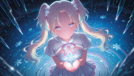1girl, ((osawa rurino, twintails):1.5), medium breasts, (smile,half-closed eyes,parted lips), medium breasts, BREAK (standing,closed hands on chest), (magical:1.2), QUALITY (best quality, absurdres, masterpiece), wearing sleeveless rainbow dress, fur-trimmed capelet, bow, snowflake print, layered dress, satin, frills, snowflake hair ornament, pearl earrings, BREAK at winter, inside glacier cave, frozen lake, reflection, snowflake, ice crystal, stalactites, ice curtains, (multicolored_background:1.5), crystal lotus flowers, icicles, rainbow ice bubbles, BREAK (crystal theme:1.2), dark, glowing, dramatic lighting blurry background, (blurry foreground:1.4), (lens flare:1.3), sparkle, (refraction:1.2), (from above,close-up), (dutch angle|fisheye:1.4), (rainbow highlight:1.3), extreme perspective, looking at viewer <lora:illustrious_quality_modifiers_masterpieces_v1:0.75>, <lora:Dramatic Lighting SliderIL:2.5>, <lora:DarkSlider1.2_alpha1.0_rank16_full_300steps_illustrious:-1>, <lora:EnvyZoomSliderXL01:2.5>, <lora:outline_xl_end:-4.5>,  <lora:colorful_sdxl_v2_lbw:1.75>, <lora:DynamicPoseIL2att_alpha1.0_rank4_noxattn_900steps:1>,  <lora:illustrious_all_rated_v1:0.15>, <lora:StS-Illustrious-Detail-Slider-v1.0:1>, <lora:hasunosora_pony:0.75>