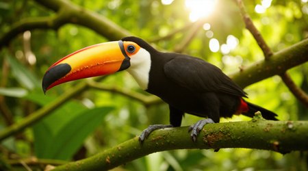 A vibrant, eye-level photograph of a single Ramphastos toco, or toco toucan, perched on a lush green branch. 
Capture the toucan's striking black and white plumage, large orange bill, and the intricate details of its feathers. 
The background should be softly blurred, suggesting a tropical rainforest environment with hints of other green foliage. 
The lighting should be natural and warm, highlighting the colors of the toucan and creating a harmonious scene.