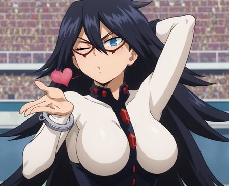 score_5_up, score_4_up, 2d, anime screencap, solo focus,  <lora:Midnight_MHA:0.8>, midng1, 1girl, blue eyes, large breasts, black hair, long hair, thighhighs, belt, mole under eye, domino mask,, garter straps, handcuffs, hair between eyes, ringed eyes, bodysuit, blowing kiss, looking at viewer, one eye closed, close up, heart,  arm behind head, arm up, <lora:frieren_blowing_a_kiss_pony:0.8>