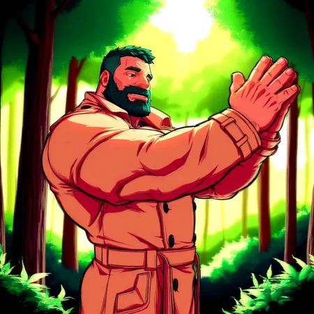 <lora:StanG-ill-v1:.7>, st0ng1ll
((standing with arms outstretched and palms up, forest, trench coat, emerald green hair, day, HDRI))
(very short hair, beard, bara, mature, facial hair, stubble, beard, full beard, sideburn, beard, a lot of beard, ), facial hair,male focus, muscular male, muscular male, bara, mature,  bara, mature, very awa, masterpiece, best quality, absurdres, newest, perfect quality, detailed background, intricate details,
<lora:slider_Body Type_alpha1.0_rank4_noxattn_last:3><lora:slider_cfg_scale_boost:.7>,<lora:slider_il_brightness_slider_d1:-1><lora:slider_il_contrast_slider_d1:-1><lora:slider_contract_controller_illus01_v1:.5>,