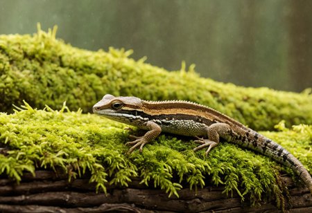 Cinematic, Cinematic Lighting, Cinematic Shot, extremely detailed, Film Still, macro photography, depth of field,  high detail, hires textures, incredibly detailed, intricate details, intricate diorama, masterpiece, Movie Still, outstanding intricacies, photorealism, true masterpiece, fountain background, glamourous, Stately, lizard, skink, Plestiodon, cry5t415ku11, Pacific Northwest conifer forest, sitting beneath a rotten log with mold and moss.
