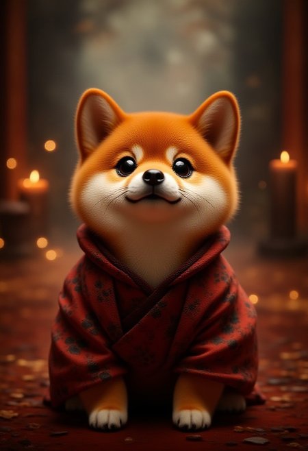small adorable shiba inu dog, smiling, happy, dressed like a samurai, in a mystical japanese shinto shrine, incense, candle lit scenery, looking very cute but has a mystical and magical aura around itself <lora:zhibi_flux:1>