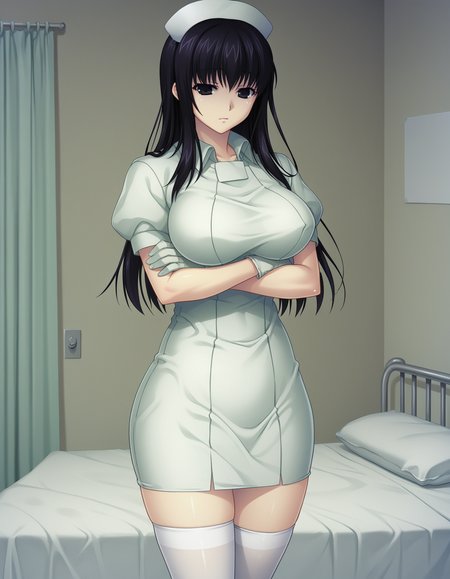 score_9, score_8_up, score_7_up BREAK 1girl, solo, Kiritani, black hair, long hair, black eyes, large breasts, nurse, nurse cap, short sleeves, gloves, white thighhighs, standing, crossed arms, cowboy shot, hospital, bed, dark theme, low light <lora:kiritani_sb_pdxl_v1:0.8>