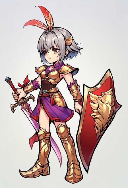 score_9,score_8_up,score_7_up,score_6_up, lu lingqi, short hair, grey hair, armor, head armor, feathers, brown eyes, sword, shield, holding sword, holding shield, operaomniastyle, full body, white background,   zPDXL3,