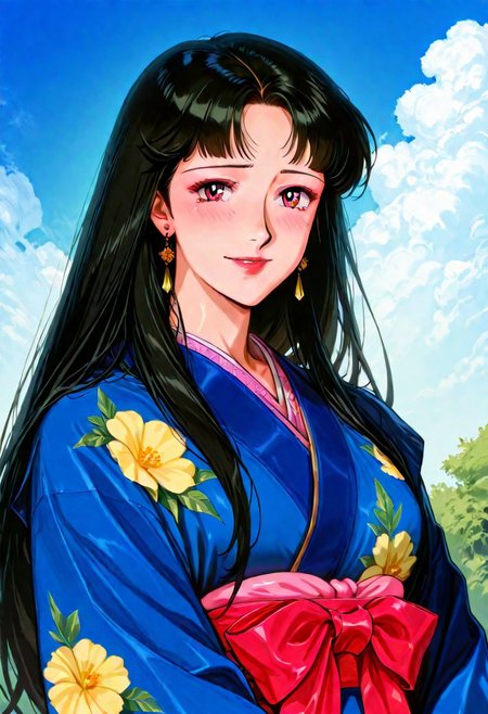 RTKXI style, 1990s_\(style\),retro_artstyle,1woman,mature female,black_hair,long_hair,bangs,blue_Japanese_Kimono,earrings,looking at viewer,,(detailed face,shy,smile,red_lips), ,outdoor,blue_sky,cloud,BREAK score_9, score_8_up, score_7_up, source_anime,masterpiece, best quality,official art,perfect_anatomy
 (best quality) , (highly detailed) ,((masterpiece)), ((best quality)), (ultra-detailed), ((extremely detailed)), (high resolution), 4K, (8K), best quality, (beautiful), (dynamic lighting),