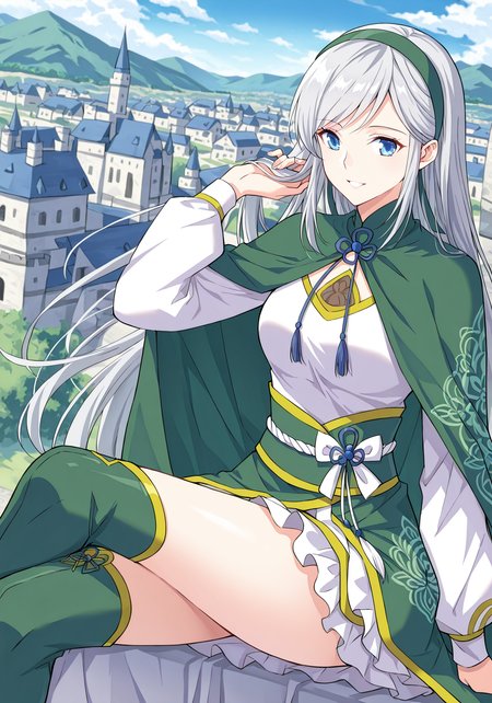 <lora:Han_Xue__Battle_Through_the_Heavens__Illustrious:1>
1girl, solo, silver hair, long hair, straight hair, hairband, blue eyes, anime style, elegant, 
fantasy outfit, eastern fantasy, green and white outfit, green cape, decorated cape, intricate design, tassel accessories, bow ribbon on chest, green obi belt, layered skirt, open chest cutout, long sleeves, green thigh-high boots,
score_9, score_8_up, score_7_up, very aesthetic, source_anime, detailed, high quality, beautiful, masterpiece, detailed eyes, castle, village, blurry background, cityscape, pose dynamic angle, light smile, open mouth, hand on hair, sitting