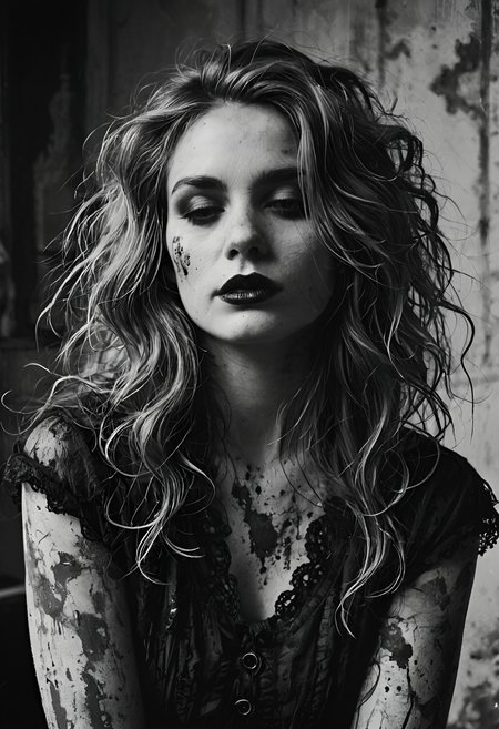 score_9, score_8_up, score_7_up, source_photo, gothic, monochromatic, monochrome, muted_color, digital photography, flat colors, vintage dirt, artifacts, heavy film grain, 1girl, mature_female, dark atmosphere, eerie, Wide-angle flowing hair, rating_safe, <lora:pony\test\Gothic_Grain_Pony:1.0000000000000002>