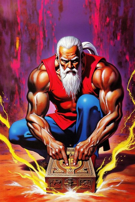 chenu1 illustration. 
This is a vibrant, highly detailed digital illustration in a stylized, comic book-inspired style. The central figure is an imposing, muscular, elderly man with a long white beard and hair, dressed in a red sleeveless top and blue pants. He is squatting on the ground, holding a large, ornate, rectangular object with both hands, appearing to be examining or manipulating it. His skin is dark, and he has a stern, focused expression.
 <lora:chenu2_poster_cap_d6a3:1.0><lora:822506939209492221:0>