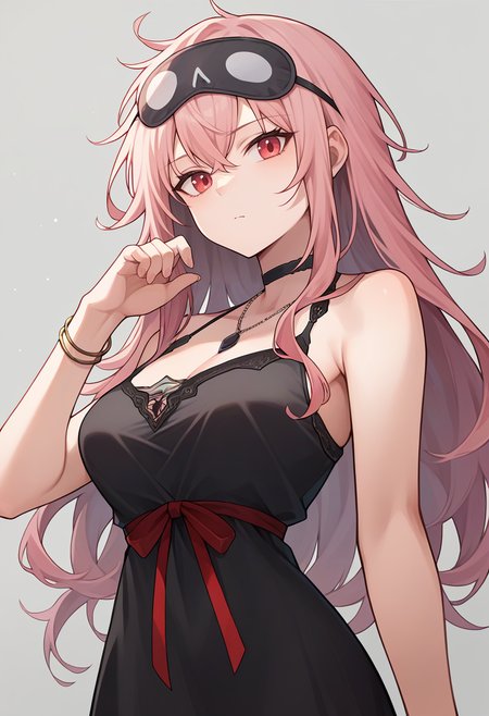 score_9,score_8_up,score_7_up,score_6_up,score_5_up,score_4_up,
1girl, mori calliope, long hair, messy hair,  black pendant choker, see-through black nightgown, empire waist, bracelet, red ribbon, sleep mask, 
solo, cowboy shot, simple background, grey background, closed mouth, looking at viewer, 
<lora:moriponyxl:1>