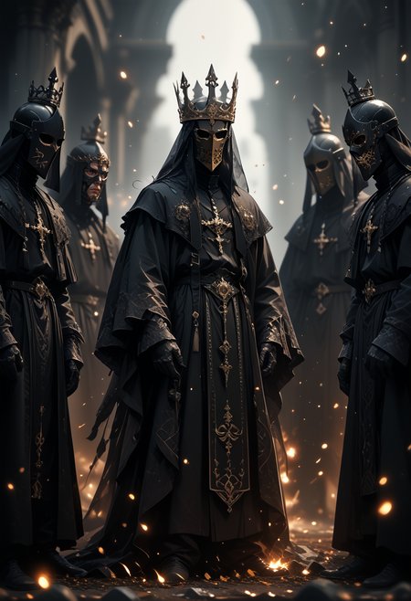 (score_9, score_8_up), score_7_up, long hair, simple background, long sleeves, dress, full body, multiple boys, black dress, sleeves past wrists, capelet, mask, helmet, crown, black background, veil, sleeves past fingers, robe, multiple others, 2others, black robe, 3others, face masks, 
depth of field, blurry background, black background, dark, CINE, embers, 
 <lora:unholy-000009:0.75>   <lora:CINE-000008:0.5>
