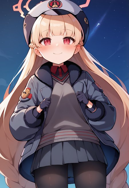 score_9, score_7_up, hd, (ultra hd quality details), source_anime, starry sky, night,
solo, 1girl, nodokaba, halo, braid,
ndbadef, very long hair, hat, grey coat, fur trim, grey sweater, long sleeves, collared shirt, black shirt, black pantyhose, grey skirt,
looking up, blush, half-closed eyes, smile, closed mouth, 
standing, from below,
<lora:_nodokaba-elesico-pony:1>