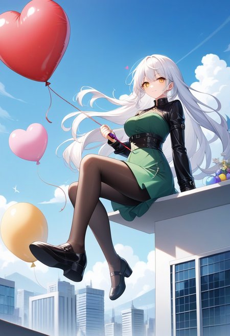 (masterpiece), (score_9, score_8_up, score_7_up,source_anime), best quality, ultra-detailed,24K, illustration, (Uncorrected), CG, 
Latex, girl, holding umbrella,
Multiple balloons, huge balloon, (heart-shaped ballons:1.2). 
(Girl sitting on balloons, floating, white hair, ultra-long hair, amber eyes, ultra-detailed eyes:1.2), green dress, jacket, pantyhose, leather shoes, 
in Rooftop of Skyscraper, modern city, Skyscraper,