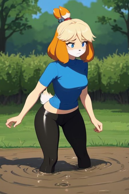 isabelle \(animal crossing\), (masterpiece, best quality:1.15), 1girl, solo, large breasts, high cheekbones, thick eyebrows, small mouth, looking to the side, leaning forward, adjusting clothes, tight leggings, green crop top shirt, starry nights, long hair, twin short braids, scared, partially submerged, struggling, farmland bog, quicksand, worried, sinking