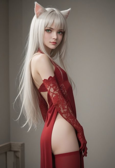 score_9, score_8_up, score_7_up, score_6_up, score_5_up, score_4_up, BREAK source_anime, (very skinny), black cocktail dress ,  very slim, underweight, bare leg, very long hair, looking at viewer, sexy, Flat chest, smirk,, tsukimio, red lace gloves, black eye makeup, very long hair between eyes, wild messy hair, detached sleeves, , green eyes, white hair, cat ears, red  stockings, ballroom