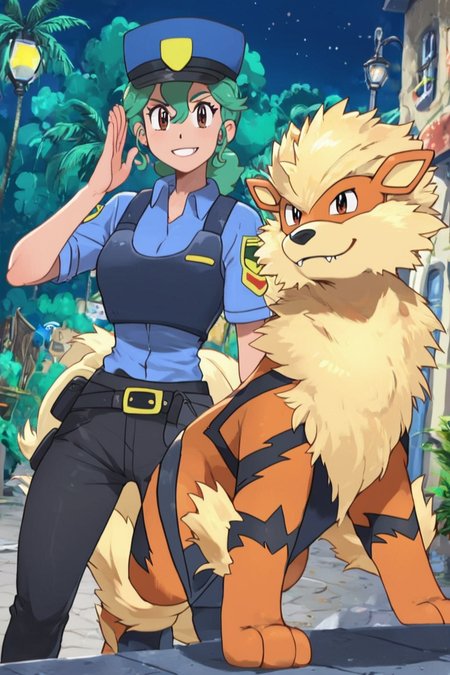 score_9, score_8_up, score_8, medium breasts, (curvy), cute, eyelashes,      ,,,  zzJenny, brown eyes, hair between eyes, green hair, long hair, ponytail, short hair, police uniform, policewoman, shirt, police hat, blue shirt, collared shirt, black pants, arcanine, fiery mane, dog, loyal companion, standing together, protective pose, fierce expression, uniform details, canine hero, action pose, city background, police station, street lights, night scene, dramatic lighting, teamwork  <lora:JennySunMoonPDXL:1.0>,   zzArcanine, <lora:Arcanine_Pokemon_PDXL:0.8>,  ,,, smile, looking at viewer,  ,,, embedding:zPDXL, Expressiveh, <lora:SDXLFaeTastic2400:0.5>,  <lora:Expressive_H-000001:0.4>,