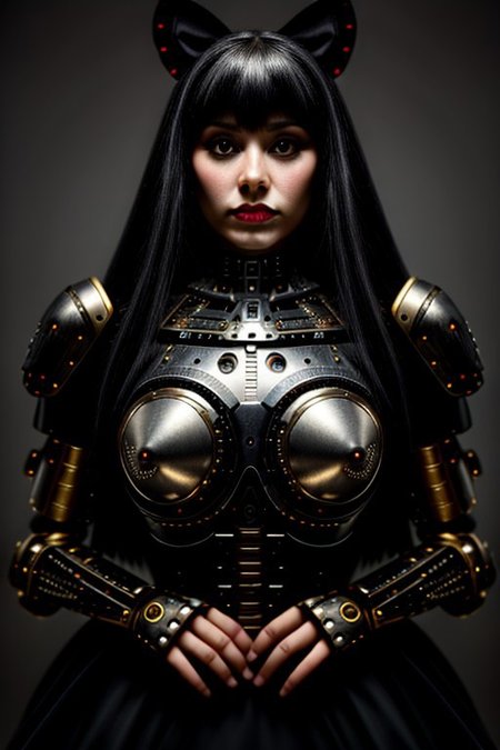 ((very beautiful)) (cyborg), 45 years old, (beautiful:1.75), (gothic makeup:0.99), (Red Lipstick:1), (anime:0.35), (oval face:0.25), (top model), body parts are made of metal, mechanical parts, mecha musume, robot joints, dress, ribbon, (front view:1.25), (elegant), 10 minutes before the world will end, hyper-realistic, (ultra-detailed:1), (insanely detailed:1), 4k, (8k), (realistic), (best quality), (HD), shot on portra 400, fujifilm xt3,  raw photo, (((masterpiece))), sense of depth,  ((perfect composition)), rule of thirds, (style of Leonardo Da Vinci:0.10), (style of Caravaggio:0.01), Perfect hand, (detailed hand),  beautiful lighting