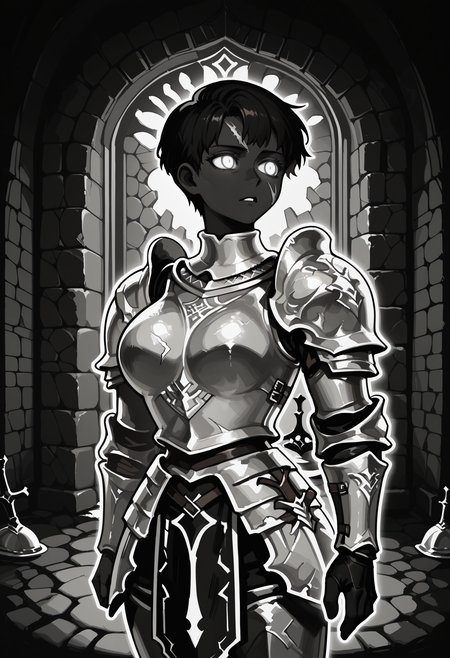 1girl, solo, DARCEIL,1girl,short hair,large breasts, armor,grey eyes,scar,shoulder armor,gauntlets,scar on face,pauldrons,breastplate,faulds,plate armor,boobplate,
dungeon, turning head, stone wall,
BHDR, white eyes, glowing eyes, outline, monochrome, greyscale, black skin, best quality, very aesthetic, masterpiece,