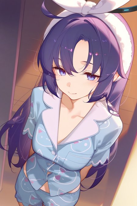 1girl,yuuka \(pajamas\) \(blue archive\),purple eyes,halo,pajamas,purple hair,white hairband,
(ask \(askzy\)),(artist:ke-ta:0.8),(qizhu:0.8),(teddy \(khanshin\):0.6),
year_2023,foreshortening,highres,high definition,absurdres,amazing quality,best quality,masterpiece,very aesthetic,masterpiece,
smile,,upper body,arms_behind_back,standing,blush,<lora:yuuka (pajamas) (blue archive)-000027:0.9>