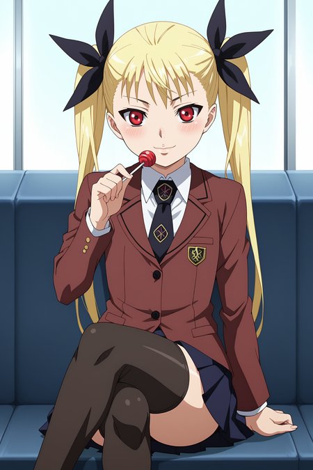 score_9, score_8_up, score_7_up, source anime, prefect lighting, very aesthetic, BREAK, anime screencap, anime coloring,
<lora:mina_tepes_v1:1>, 1girl, mina tepes, dance in the vampire bund, blonde hair, red eyes, flat chest, twintails, hair ribbon, school uniform, necktie, skirt, brown blazer, thighhighs, sitting, crossed legs, lollipop, 
BREAK, looking at viewer, light smile, blush, 
BREAK,