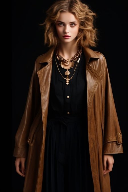 masterpiece,best quality,ultra_detailed, bellissima , dark background, 1girl wearing a white collared shirt, collared shirt, black pants, brown coat, chain necklace,  Armani style, realistic, fashion, cowboy shot,by Ellen von Unwerth