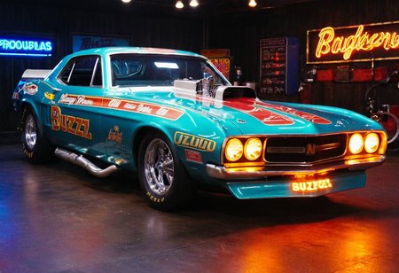 VintageMuscleCar gleaming dragster tunnel, side view, bright headlights, neon lights, glass background, light reflections, 4K, highly detailed, closeup (stylish grainy analog film photo 35mm, "BUZZ")
