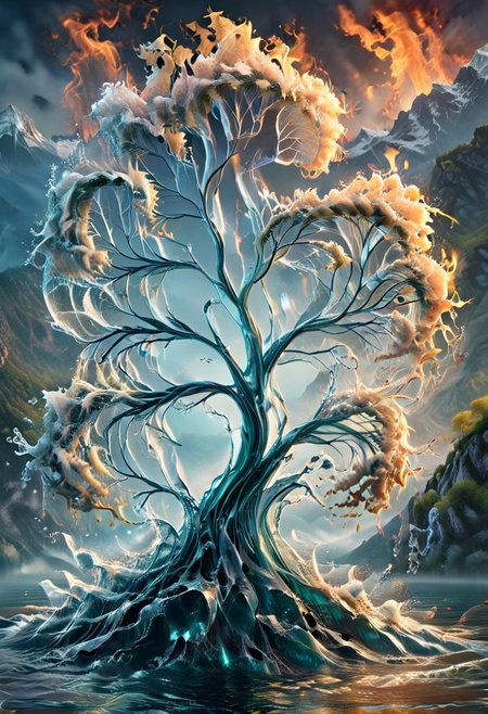 UHD, masterpiece, high quality, extremely details, intricate details, sharp focus, realistic, OverallDetailXL, 
a tree made of water with leaves on fire ,ais-wvs, strong wind, leaves dancing in the air, lake surrounded by mountains,