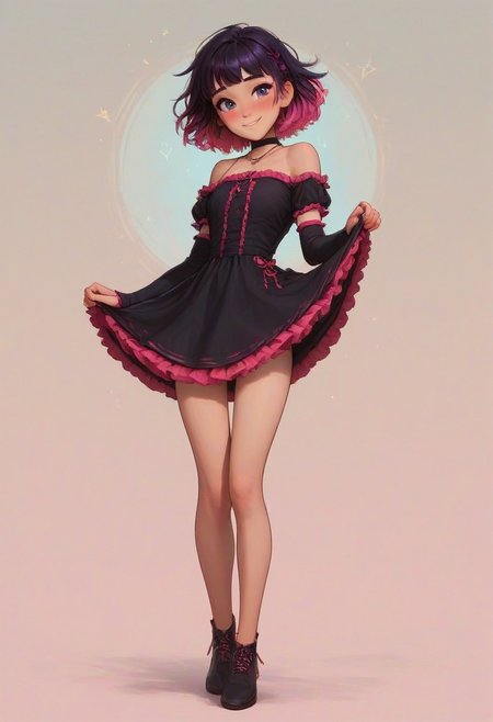 score_9, score_8_up, score_7_up, score_6_up, Roxy Spaulding, 1girl, 18 years old, perfect face, cute, petite, adorable face, detailed background, cozy interior background, medium distance, dynamic pose,
multicolored hair, black hair, purple hair, pink hair, short hair, black choker, necklace, black dress, frilled dress, bare shoulders, short sleeves, arm warmers, 
black clothes, pink clothes, teasing, skirt lifted by self,
blush, shy smile, full body shot, long legs, short dress, bare legs,