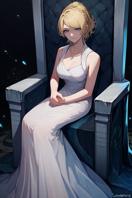 score_9, score_8_up, score_7_up, score_6_up, source_anime, BREAK 1girl, solo,  <lora:lunafreya-pdxl-nvwls-v1-000006:1> lunafreya, blonde hair, blue eyes, braid, ponytail, necklace, white dress, sleeveless dress, long dress, large breasts, sitting, black background, throne, looking at you, smile