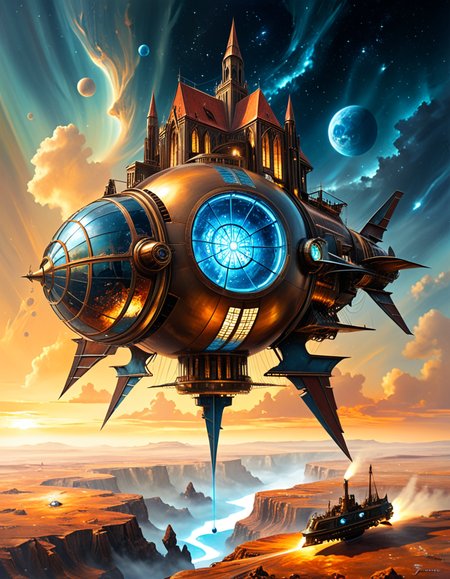 A surreal, steampunk-style painting in the style of JarosÅaw Jasnikowski, depicting a colossal, gothic-mechanical spaceship drifting through the vastness of space. The ship is inhabited by the remnants of humanity, fully transformed into biomechanical cyborgs. The vessel is an ornate fusion of cathedral-like architecture and industrial machinery: bronze towers, rotating gears, stained glass panels glowing with alien light, and massive turbines spinning slowly in zero gravity. Cyborg figures walk along the outer hull, tethered by glowing cables, maintaining the vessel as it glides through a star-filled void. Their bodies are a blend of flesh and complex mechanical systemsâcogs, tubes, exposed circuitry, and metallic limbsâall designed in an absurd, baroque fashion. The backdrop is a deep cosmic expanse with nebulas, stars, and shattered planetary fragments floating around. The lighting is dramatic, with reflections bouncing off polished metal surfaces, casting surreal, elongated shadows. The scene conveys both grandeur and loneliness, emphasizing the transformation of humanity into a forgotten, drifting civilization. The atmosphere is deeply symbolic, with Jasnikowskiâs signature distorted perspective and dreamlike, metaphysical tone.<lora:SDXLFaeTastic2400:0.4> <lora:extremely_detailed:0.4> extremely detailed, <lora:JarosÅaw_J4sn1k0wsk1_r1:1>,JarosÅaw J4sn1k0wsk1, Masterpiece,best quality,hi res,8k,hi res,8k,award winning,(sharp focus, intricate, highly detailed),