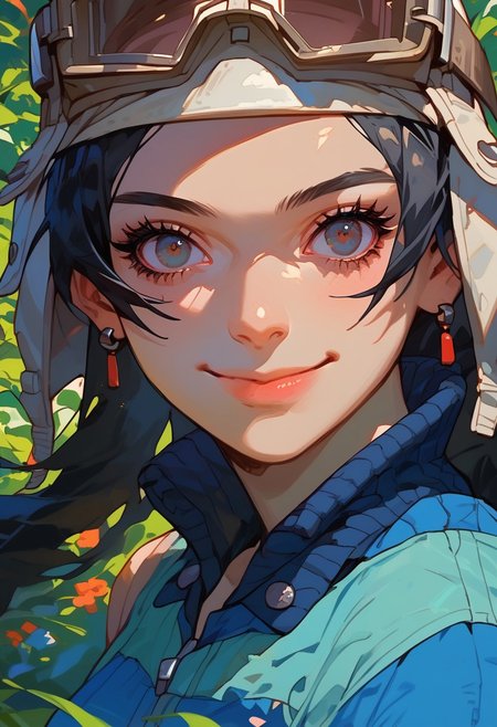score_9, score_8_up, score_7_up, y0tt4, 1girl, solo,  
 asahismtiva, long hair, black hair, helmet, goggles on head, dress,  light smile