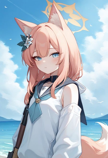 score_9, score_8_up, score_7_up, upper body
easynegative, ncpy45 style watercolor, fox ears,fox tail,Mari_(Blue_Archive), ,outdoor fishing clothes,shotgun