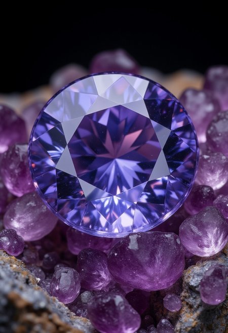 DSLR RAW photo hyperdetailed dynamic photography of rhodolite garnet: A blue to reddish-purple gemstone, displaying a lovely hue reminiscent of rhodolite flowers. detailed background, realistic micro details, facture surface, detail crystal and gem