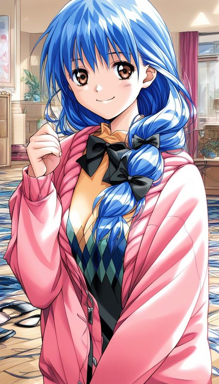 score_9, score_8_up, score_7_up, source_anime, rating_explicit, BREAK  <lora:Yasuda_Azumi_XL:1> Yasuda_Azumi, blue hair, long hair,  bangs, brown eyes, medium breasts, 
headwear removed, smile, pink jacket,  
jacket, upper body, bow, pink sweater, long sleeves, shirt, argyle, black bow, 
home in the room, flooring, 
looking at viewer,