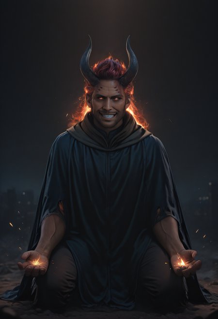 embedding:SDXL\Positive\HDA_MasterpieceXLclassic, womby_artstyle, realistic, dark theme, low light, handfixer, 1boy, mature male, demon, grin, smug, cinematic lighting, solo, dark red curls, fade from dark to light red curls, sparks, bokeh, black curved ram horns, glowing hair, pale skin, glowing sparks on hand, energy charge, red sigil, torn clothes, muscular, cloak, crumble walls, desolate city, city background, kneeling, depth of field, vfx, fire dust, ashes, masterpiece, high resolution, best quality
