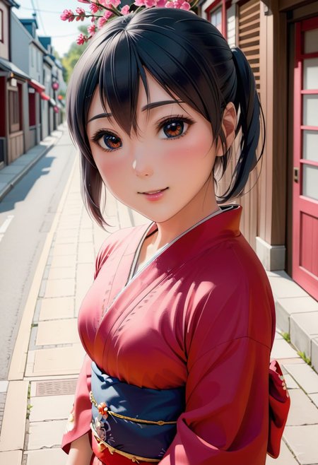 1 girl, nakano azusa, fully clothed, red kimono with pink flowers, perfect face, black eyes, black hair, show top of head, pigtails hair, blushing, smiling, outside, in the street of old qubec, small breasts, <lora:azusa_xl_rev3:0>, <lora:add-detail-xl:1>, OverallDetail, fFaceDetail, EyeDetail, Painstaking Attention To Details, art by mooncryptowow,