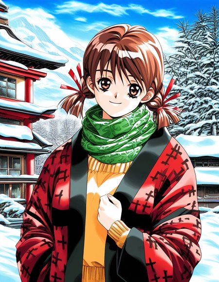score_9, score_8_up, score_7_up, source_anime, rating_explicit, BREAK <lora:Nagashima_Kumiko_XL:1>Nagashima_Kumiko, brown hair, brown eyes, hair ribbon, red ribbon, twin braids, bangs, short twintails,
1girl, solo, snow, outdoors, day, smile, sky, retro artstyle, long sleeves, 1990s (style), winter, house, looking at viewer, tree, sweater, blue sky, mountain, upper body, turtleneck, building, cloud, hanten (clothes), nature, east asian architecture, haori, scarf, architecture, bamboo, closed mouth, shrine, japanese clothes, pine tree, red ribbon, open clothes, forest, jacket, light smile