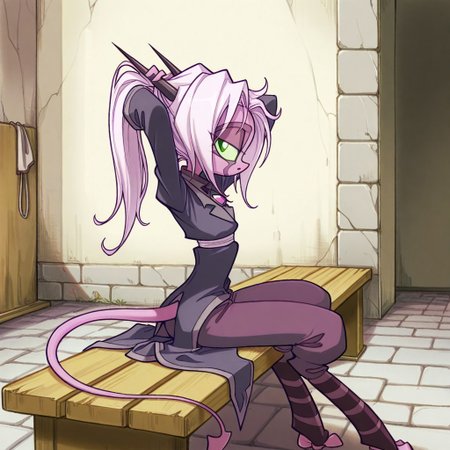 score_9, score_8_up, score_7_up,namah_calah,
1girl,solo,furry,tail, source_furry,horns,
 ,<lora:namah_calah_illustrious:0.8>,
masterpiece, child, kid, 
masterpiece, best quality, long hair, sidelocks, pants, sitting, from side, looking at viewer, bench, indoors, stone floor, stone walls, arms behind head, tying hair