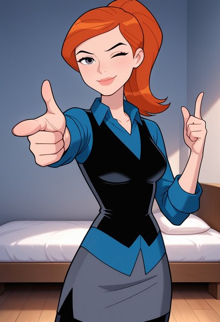 gwenuaf, 1girl, ponytail, solo, orange hair, lips, breasts, collared shirt, long sleeves, blue shirt, blue shirt collar, dark grey skirt, black vest, black pants,,  solo,, orange hair, lips, breasts, masterpiece, best quality, amazing quality, very aesthetic, absurdres, newest, 
pointing  at viewer, wink, smile, finger guns, bedroom,