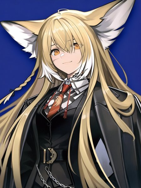 masterpiece, best quality, very aesthetic, highres, absurdres,(miurahha, bacius, ririko \(fhnngririko\):0.4), <lora:vulpisfoglia_v2:1>,vulpisfoglia (arknights), 1girl, solo, blue background, upper body, looking at viewer, smile, animal ear fluff, closed mouth, scar_on_face, scar, collared shirt, black vest, suit, black jacket, black pants, white shirt, black coat, coat on shoulders, belt, red necktie, long sleeves, formal
