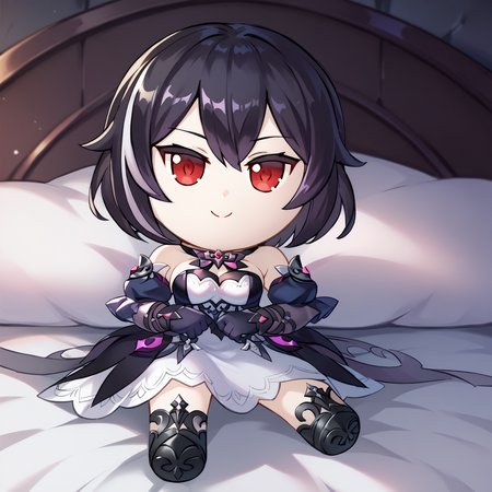 score_9, score_8_up, score_7_up, score_6_up, source_anime, <lora:xerahkr-ponyxl-beta1-08:1.0>, 1girl, solo, xerahkr, short hair, streaked hair, short black dress, black sleeves, detached sleeves, black gloves, puffy sleeves, purple gemstone, choker, cleavage, see-through, black footwear, evil smile, on bed, fumo \(doll\), chibi, sitting <lora:style_toyfumo_ponyXL-000006:1.1>