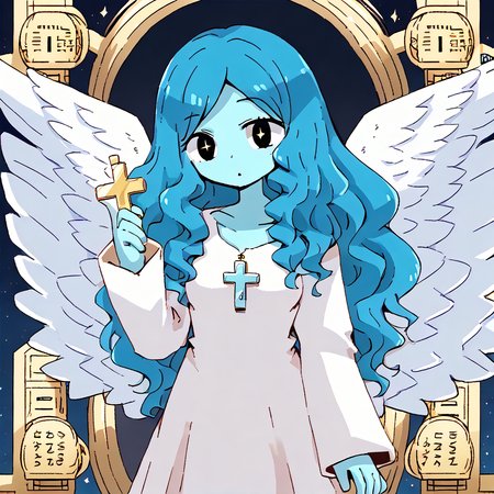<lora:cre:1>,   <lora:missgoddess:0.8>, missgoddess, 1girl, solo, (feathered white wings:1.5), blue hair, colored skin, cyan skin, white dress, long sleeves, rosary, black eyes, star-shaped pupils, wavy hair